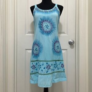 Raya Sun Mini Dress Large Blue Beaded Embroidered Boho Summer Festival Beach